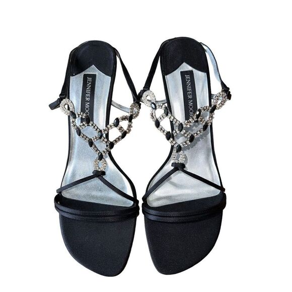 Jennifer Moore Onyx Black - Black Slingback - Jeweled Open Toe Heels Wmns Sz 10 - Picture 6 of 12